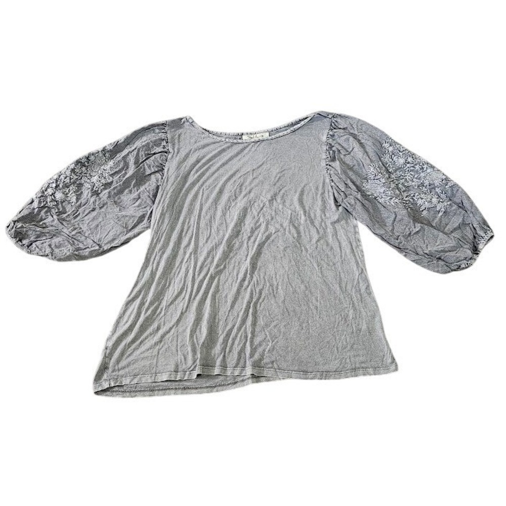 Solitaire Womens Gray Embroidered Puff Sleeve Rayon Blouse Top Size Large